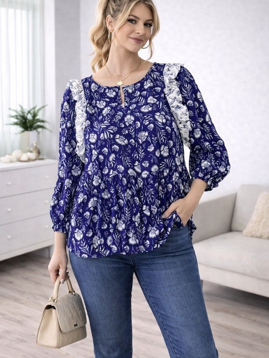 Universal Tops - Universal Blue Floral Ruffle Peasant Blouse